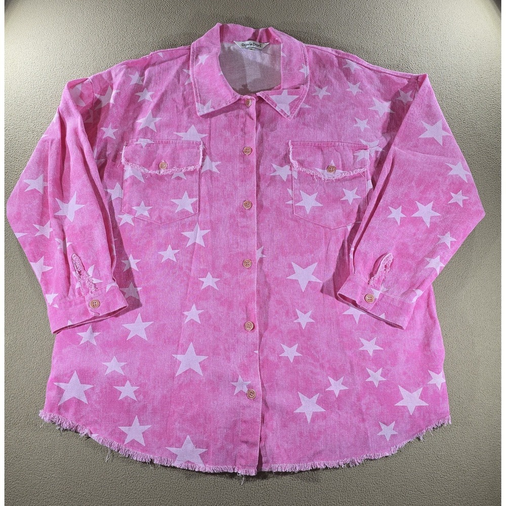 Davi & Dani Women's Pink Star Distressed Denim Shirt Jacket XL